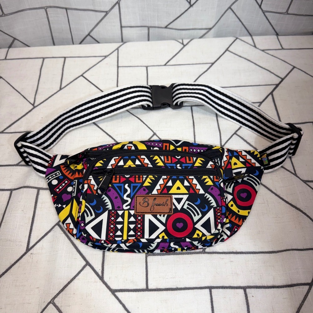 B Fresh Fanny Pack OS Multicolor Geometric Tribal Print Retro Waist Bag